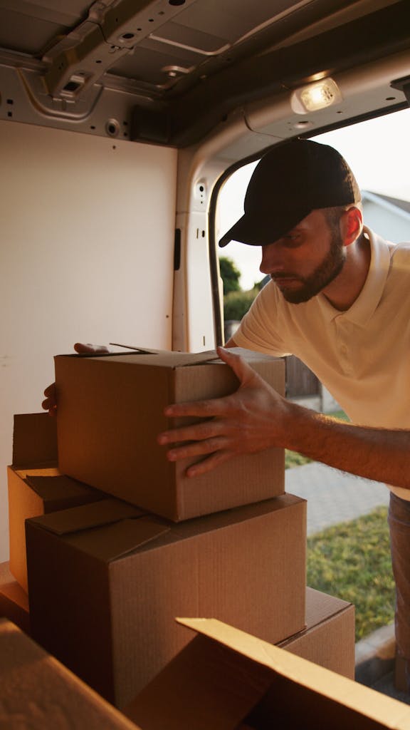 Stack of cardboard boxes by a white wooden door, perfect representation of moving day readiness.